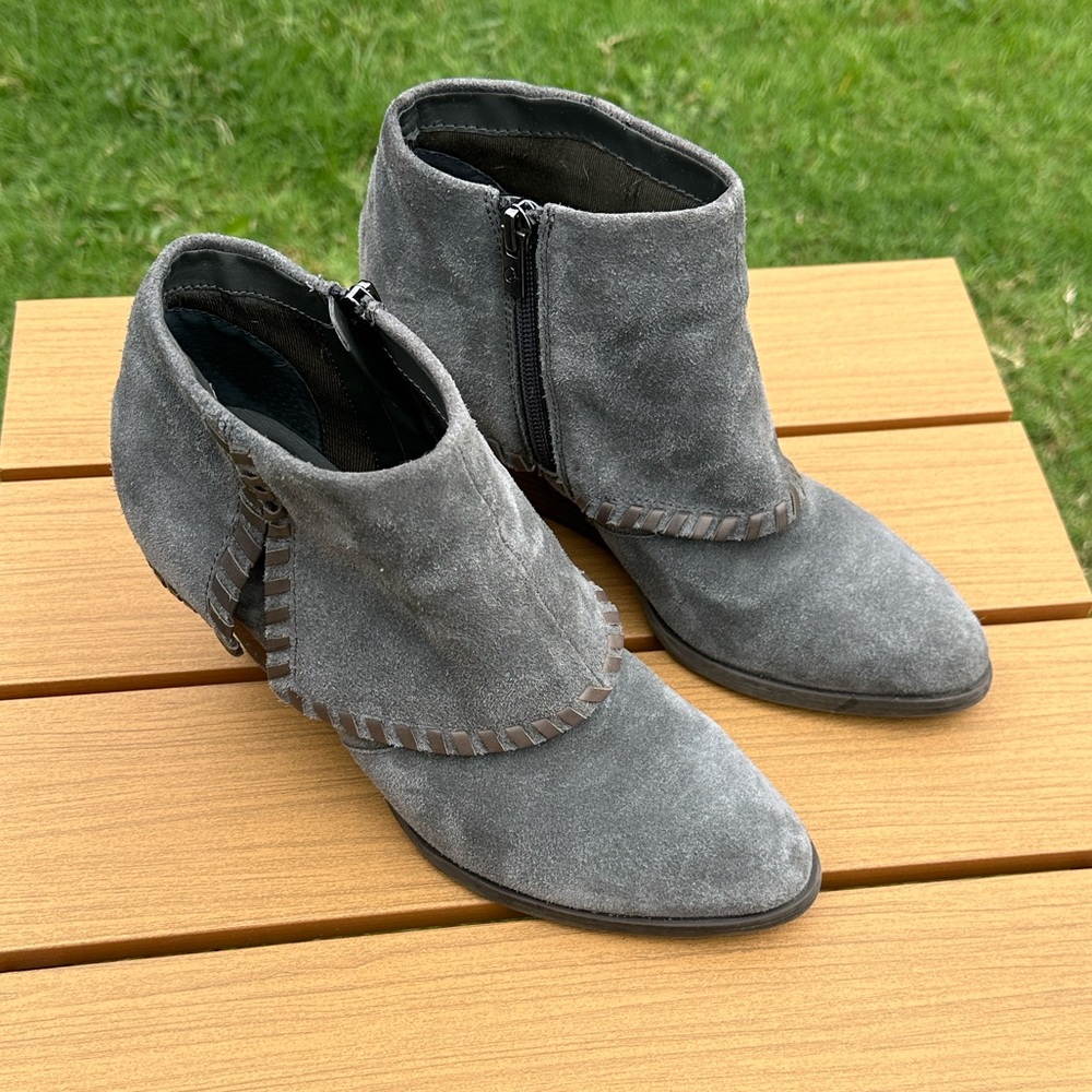 Reba-Tyra Foldover Suede Wedge Ankle Booties  EUC